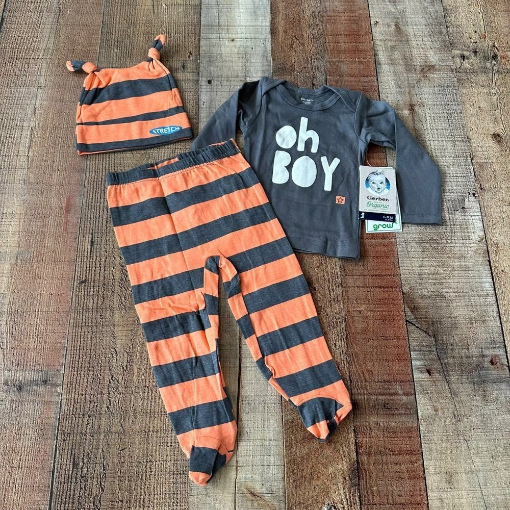 Gerber Organic Cotton baby boys footed pant long sleeve shirt and hat Pajama set